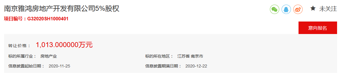 中国金茂拟1013万元转让南京雅鸿房地产5%股权